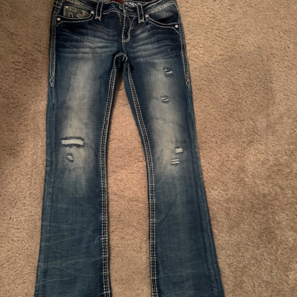 Rock Revival Blue Boot Cut Jeans with Distressed Details